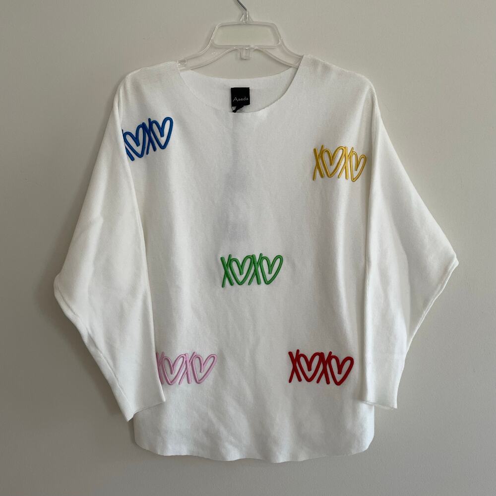 Aaeda Off White‎ Knit Sweater Colorful Heart XOXO Applique Long Sleeve Top M